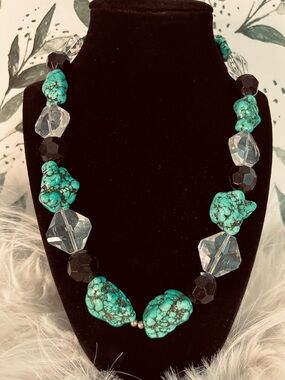 Turquoise Nugget Statement Necklace Chunky Crystal Black Faceted Beads Boho VTG